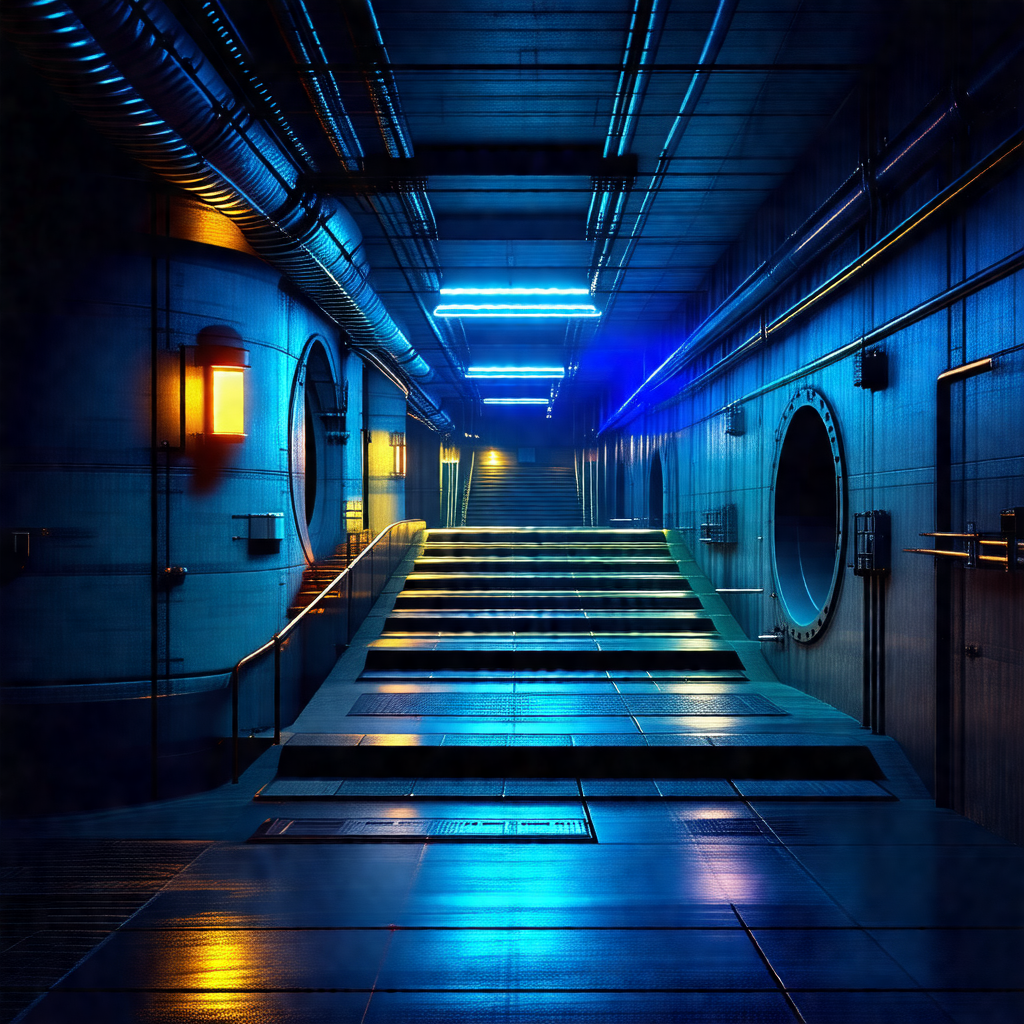 Blue-toned photo of a staircase in a building