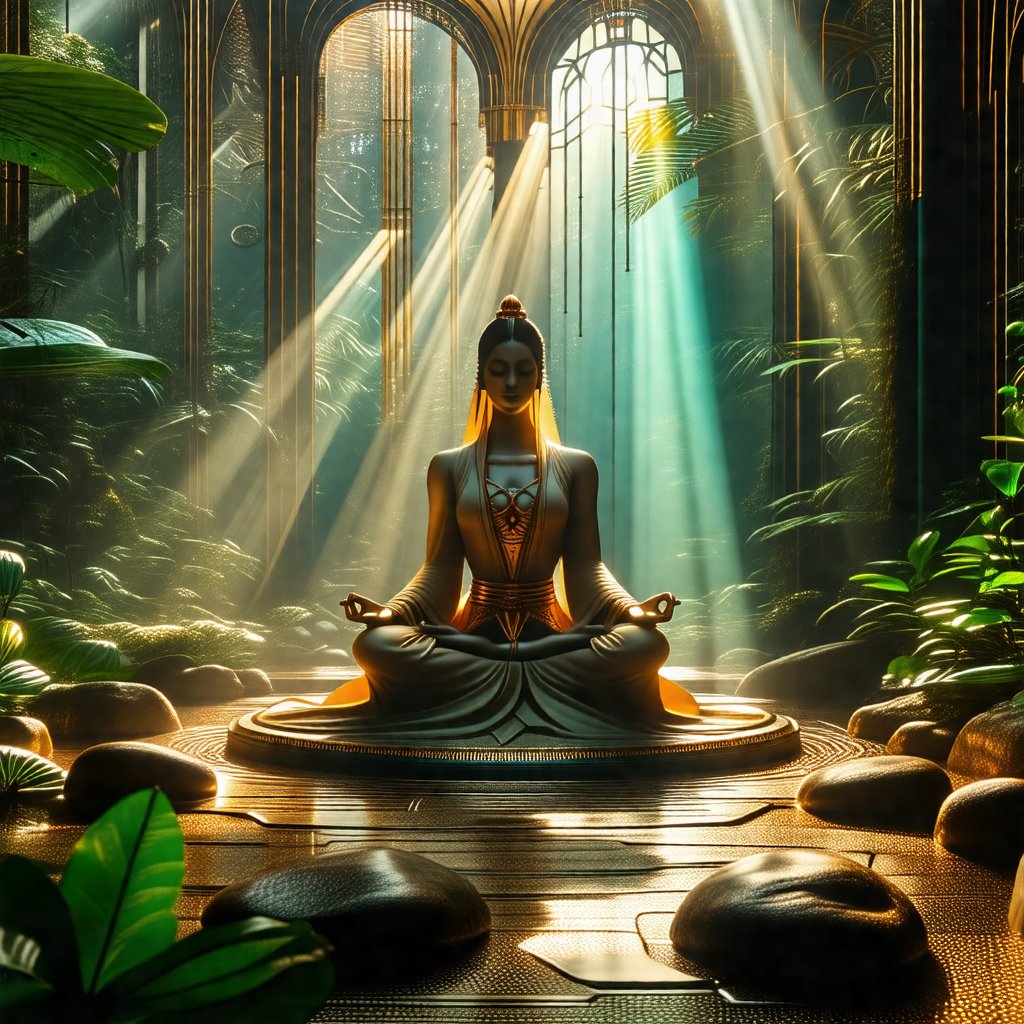 Woman sitting in a lotus position on a stone platform
