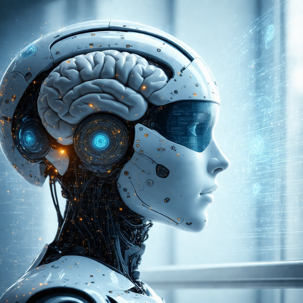 Futuristic robot with a human-like face, sitting in front...