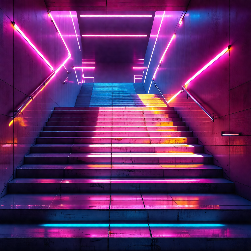 Staircase with a colorful lighting display, creating a vi...