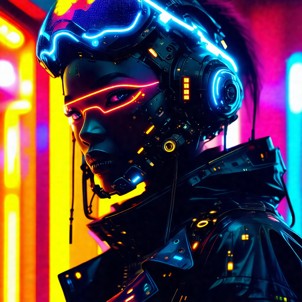 Woman wearing a futuristic outfit, which includes a black...