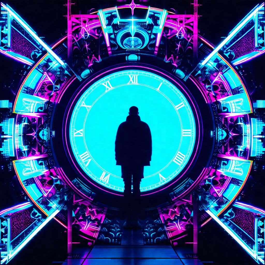 Man standing in the center of a large, blue clock