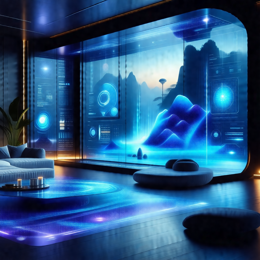 Futuristic living room with a large window that showcases...
