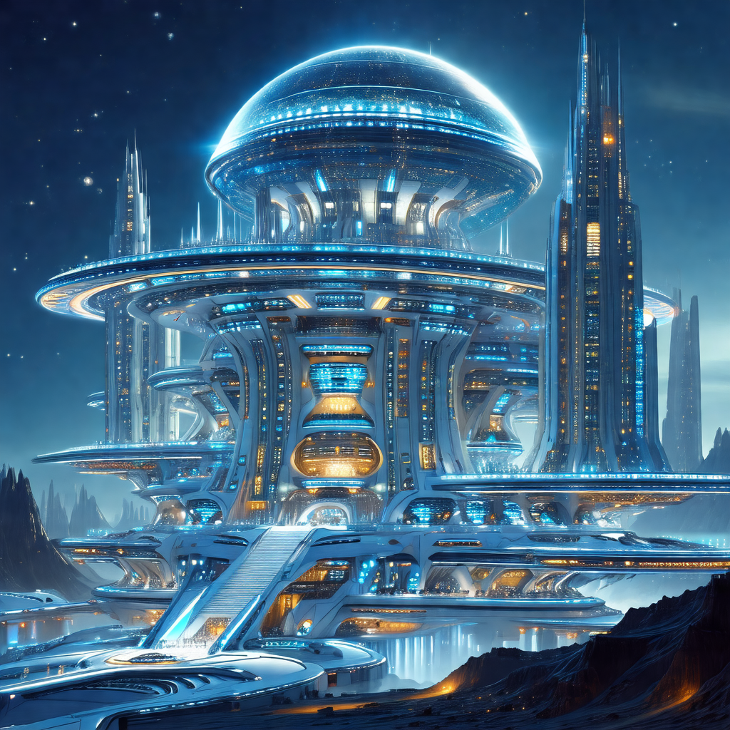 Futuristic cityscape featuring a large, blue, and white b...