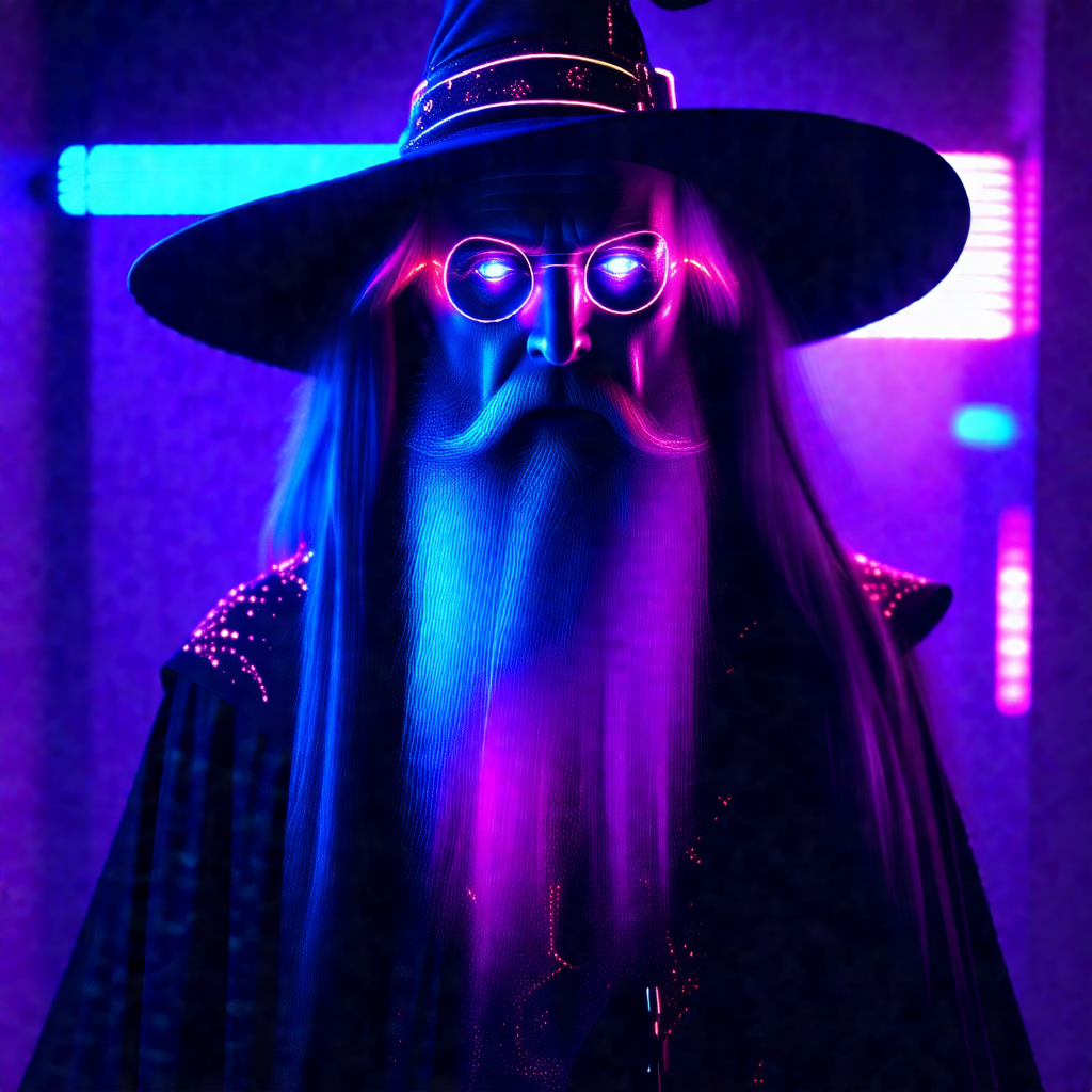 Man with a long beard and a wizard's hat, standing in a d...