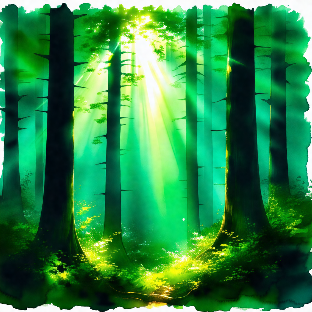 Painting of a forest with a path leading through it