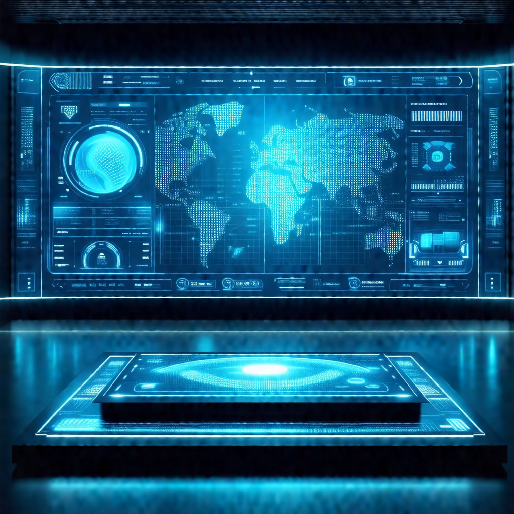 Futuristic control panel with a large blue screen display...