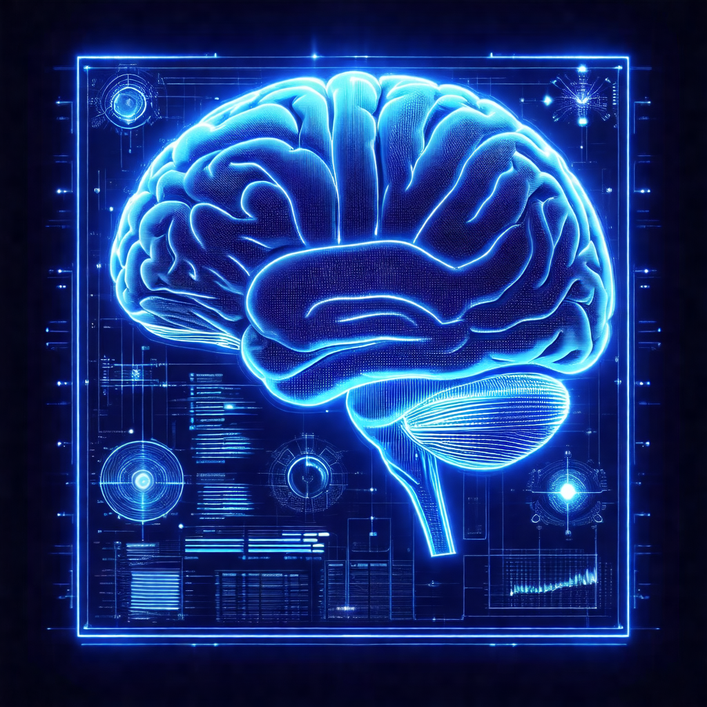 Blue and white illustration of a human brain