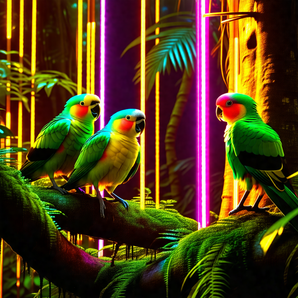 Three colorful parrots perched on a tree branch