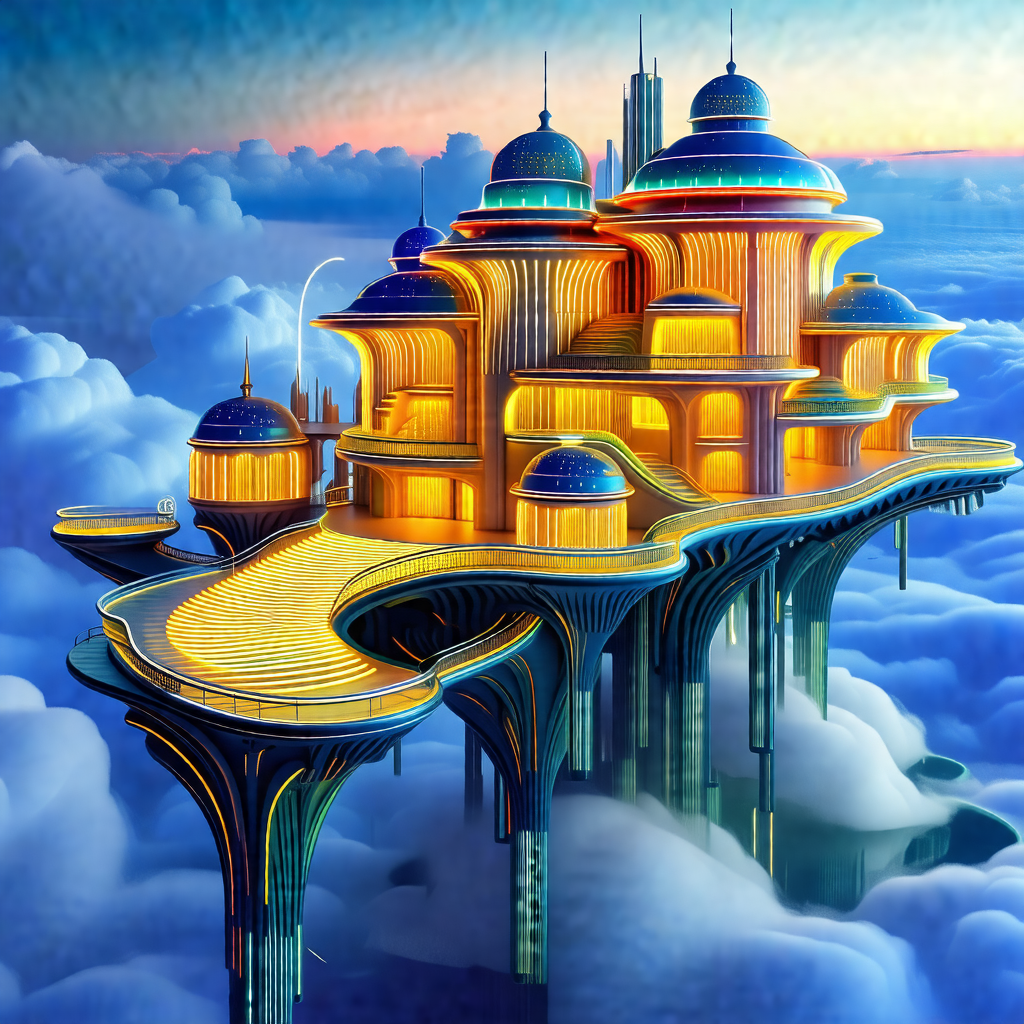Painting of a large, futuristic building with a bridge co...