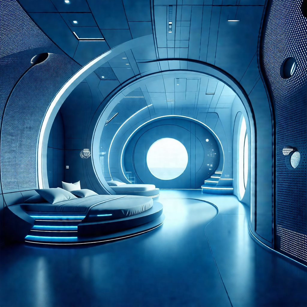 Futuristic bedroom with a large bed in the center of the ...