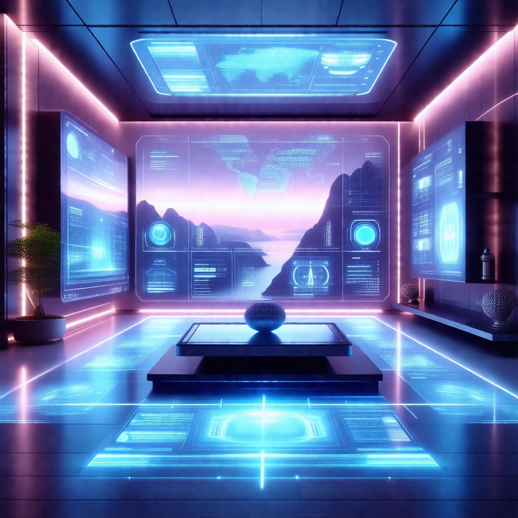 Futuristic room with a large, round table in the center