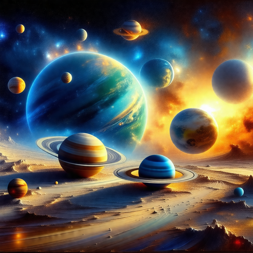 Painting of a colorful and diverse collection of planets ...