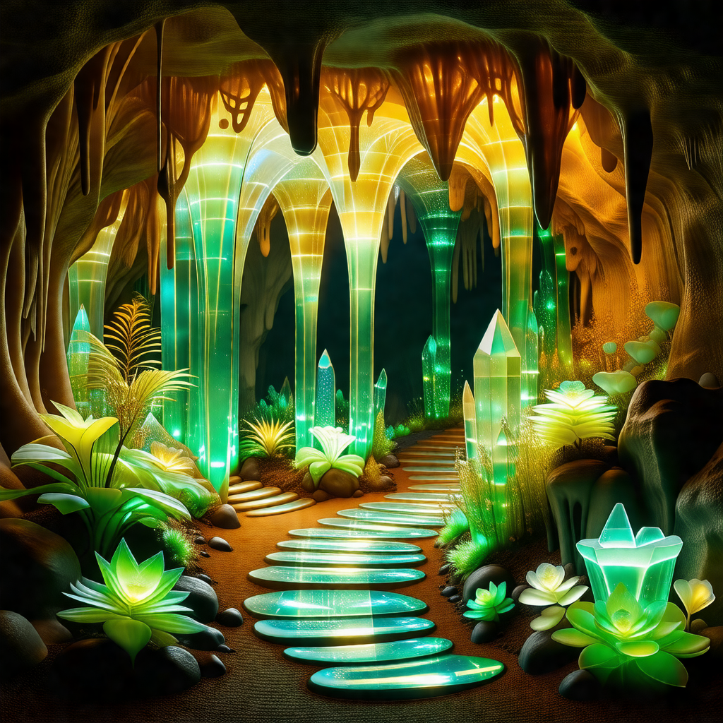 Lush, green cave with a pathway leading through it