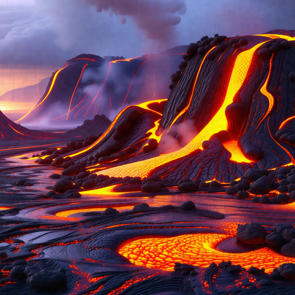 Beautiful landscape with a large, red, and orange lava flow