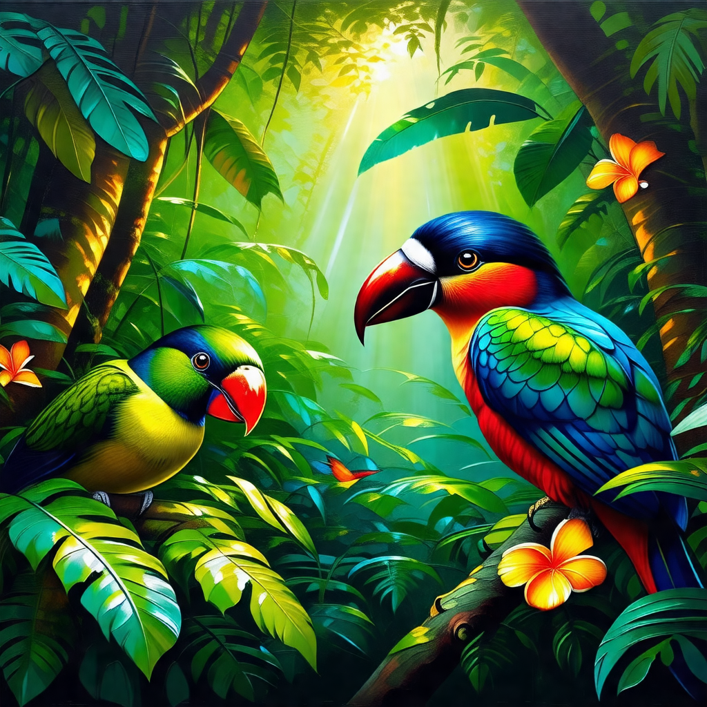 Two colorful birds perched on a tree branch in a lush gre...
