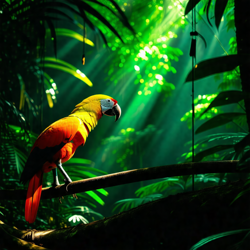 Vibrant parrot perched on a tree branch in a lush green f...