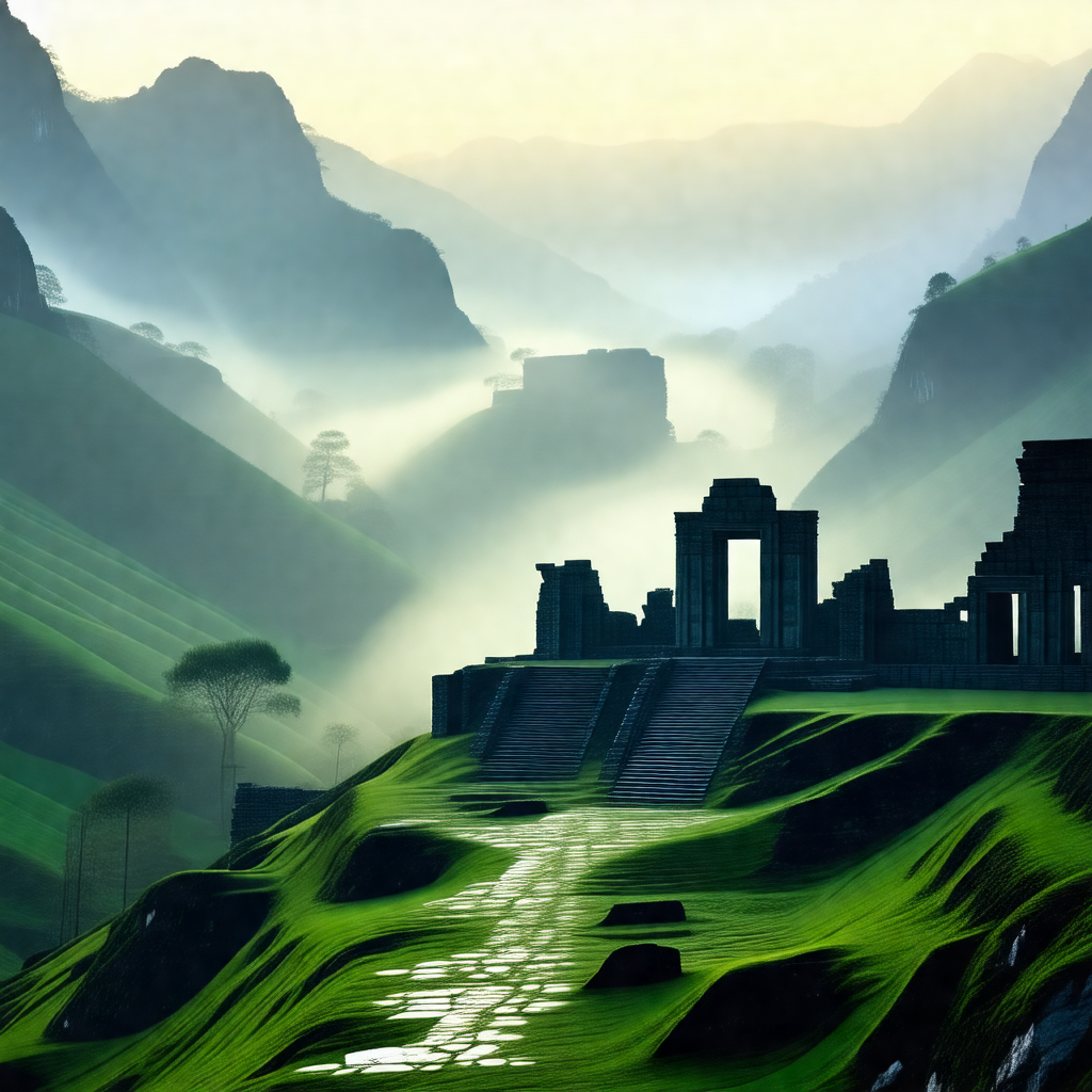 Painting of a mountainous landscape with a large, ancient...