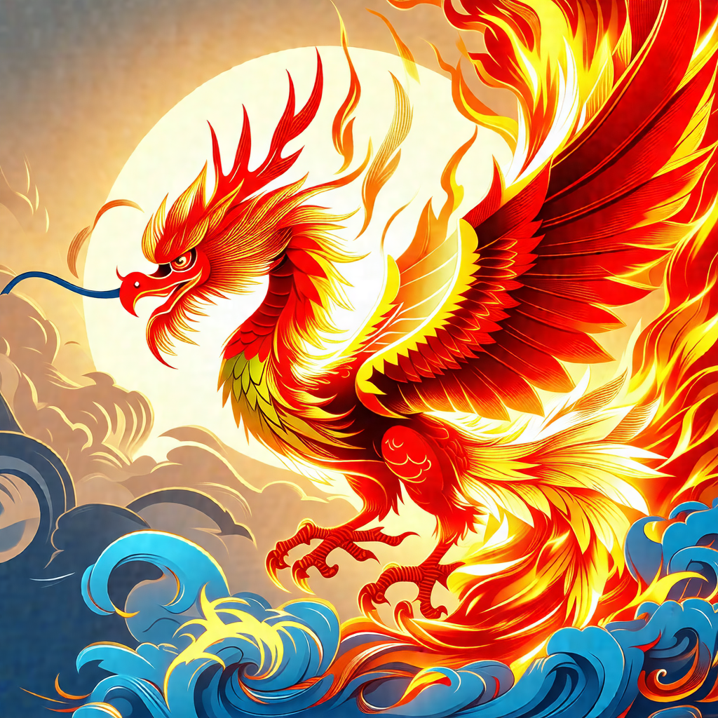 Vibrant red dragon with yellow and orange accents, soarin...