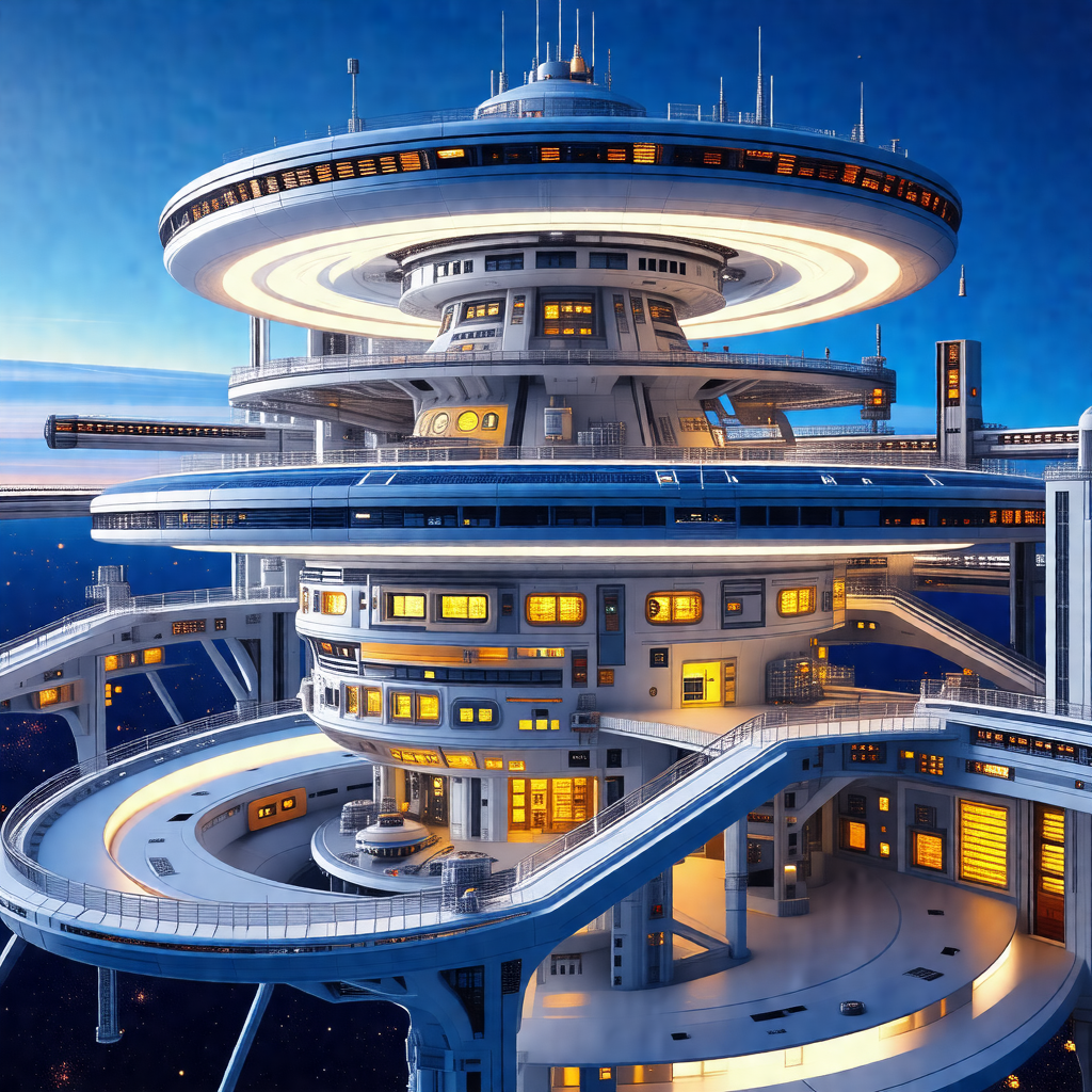 Futuristic drawing of a large, multi-level building with ...