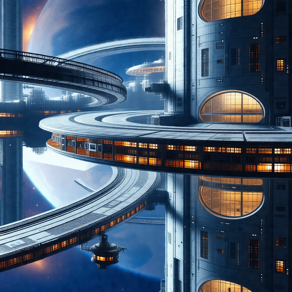 In this futuristic city, there are two large buildings co...