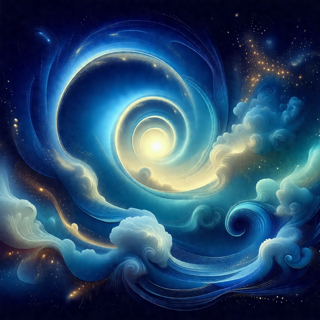 Painting of a spiral galaxy, featuring a swirling blue sp...