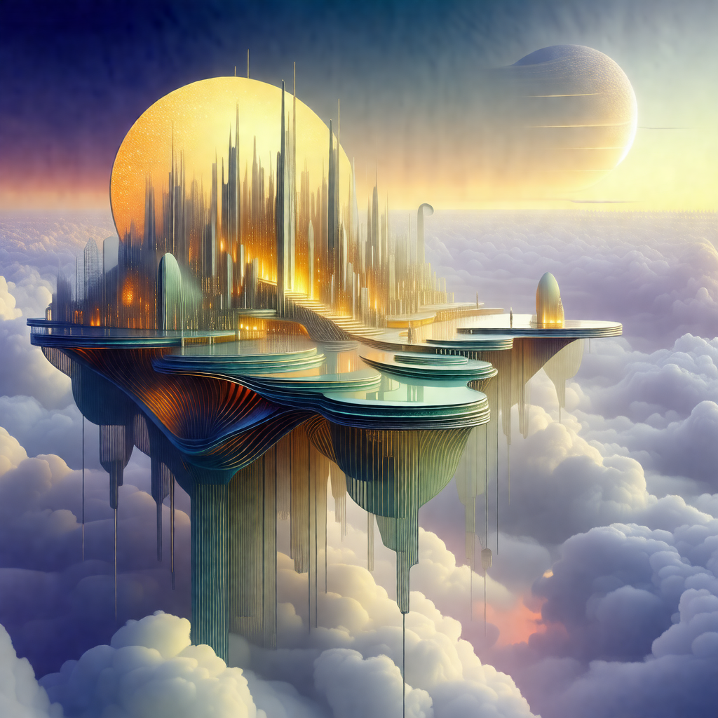 Futuristic city floating in the sky, surrounded by clouds