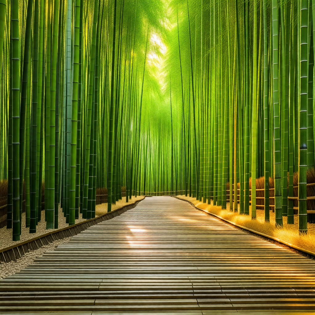 Long, narrow pathway surrounded by a forest of tall, slen...