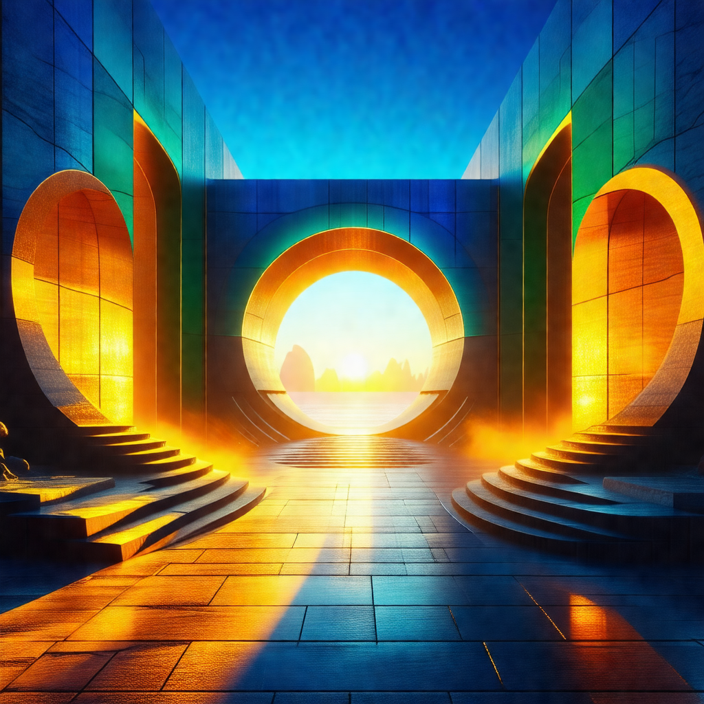 Painting of a sunlit courtyard with a large archway