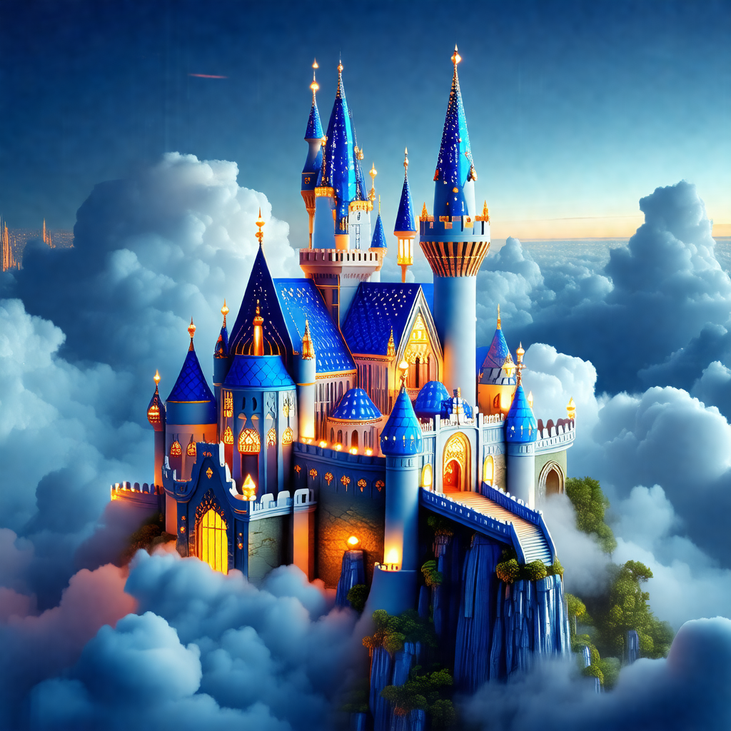 Beautifully designed blue and white castle, towering over...