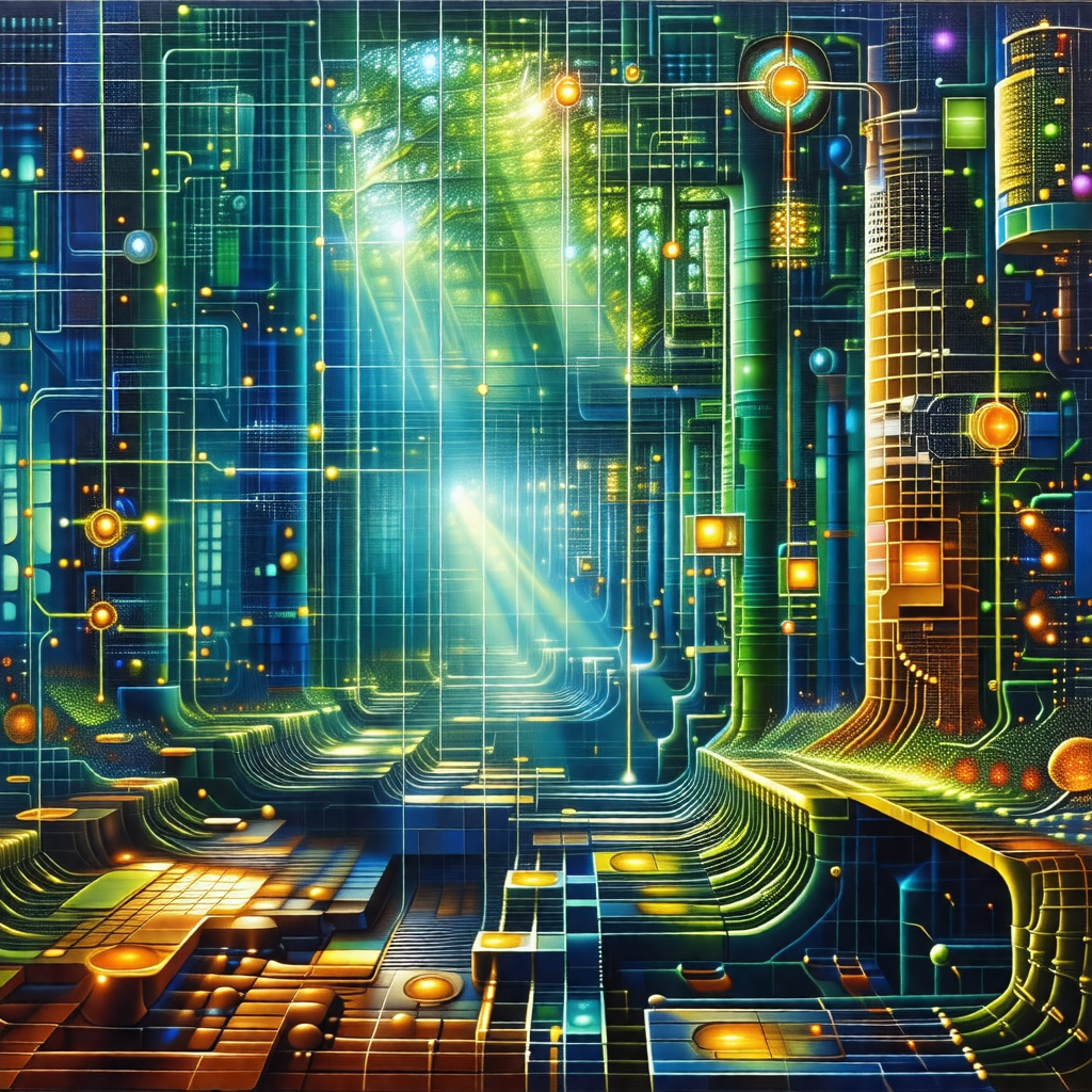 Futuristic painting featuring a cityscape with a large, b...
