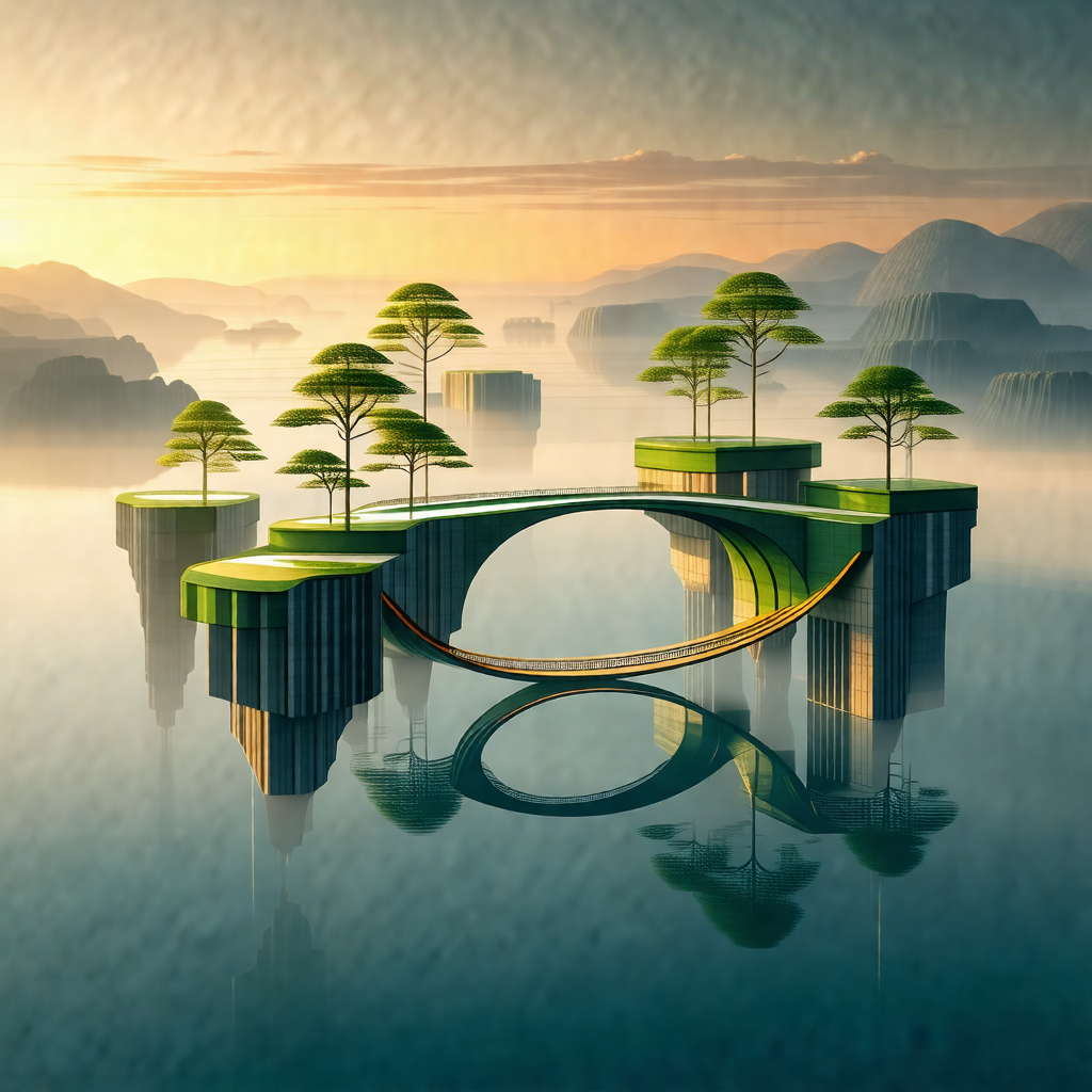 Beautiful scene of a bridge with a green roof, surrounded...