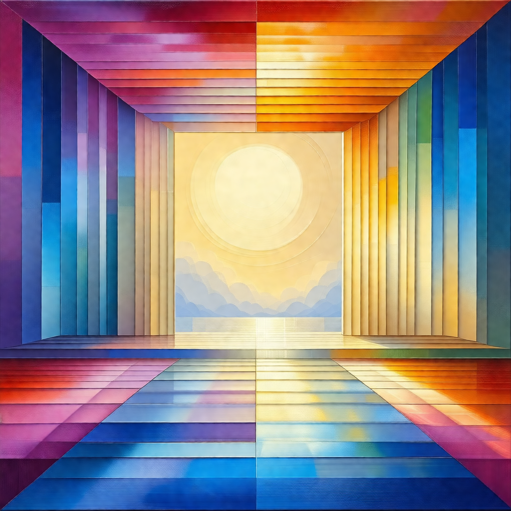 Painting of a sunset, featuring a large sun in the center...