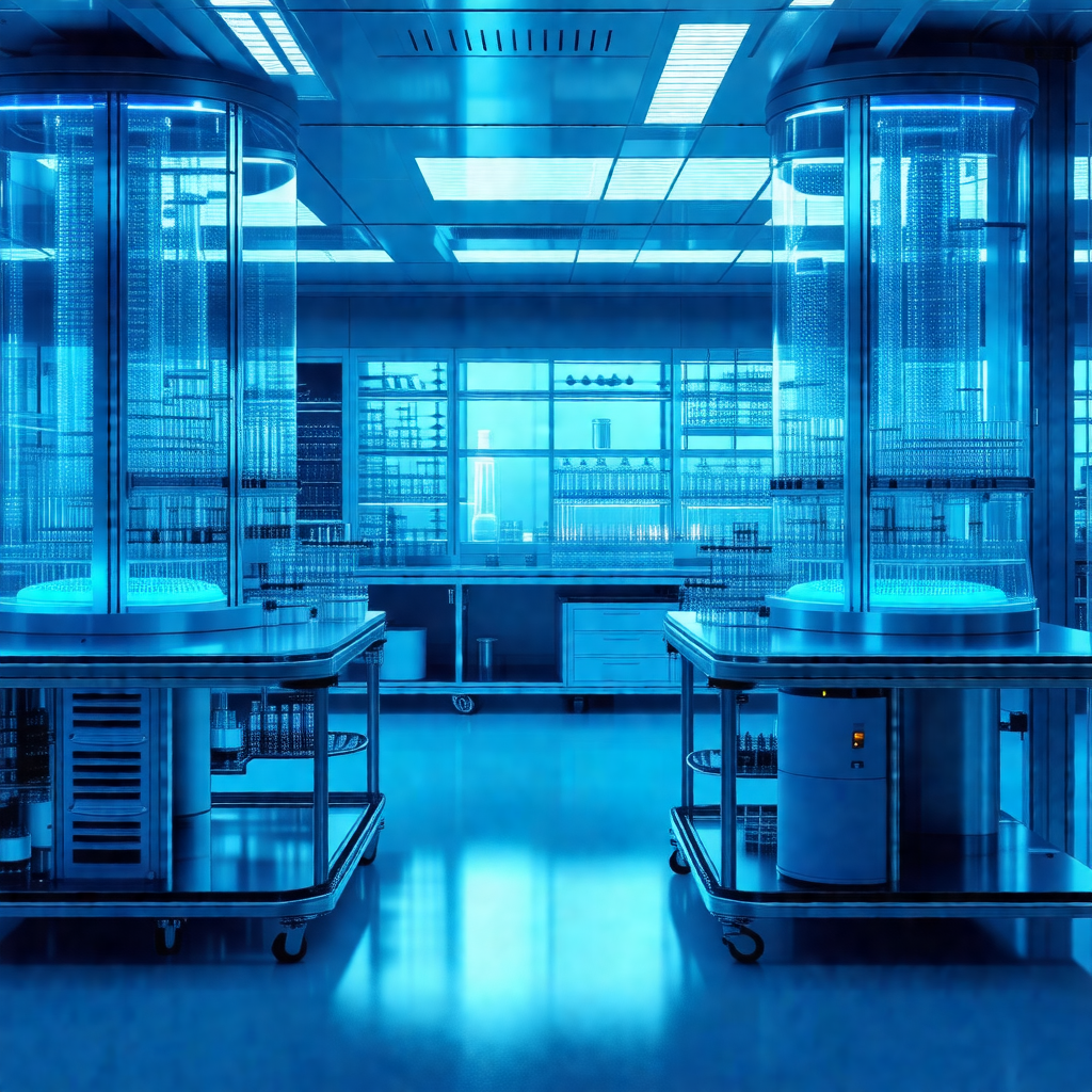 Large, well-lit laboratory with a blue glow