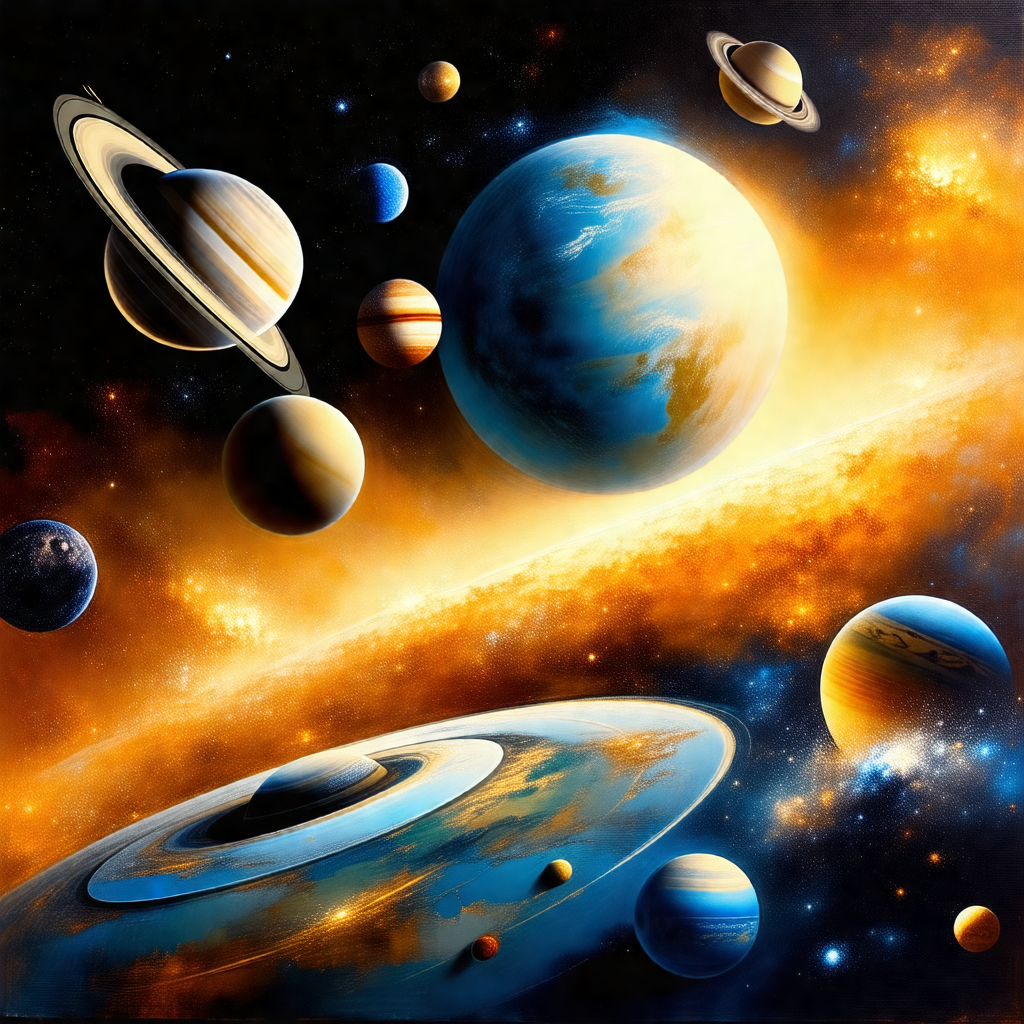 Painting of a solar system, featuring a variety of planet...