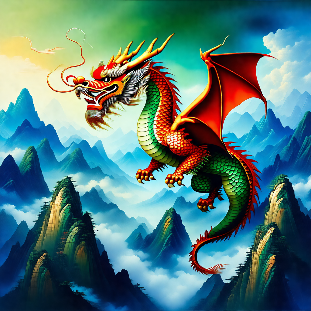 Large, colorful dragon flying through the sky