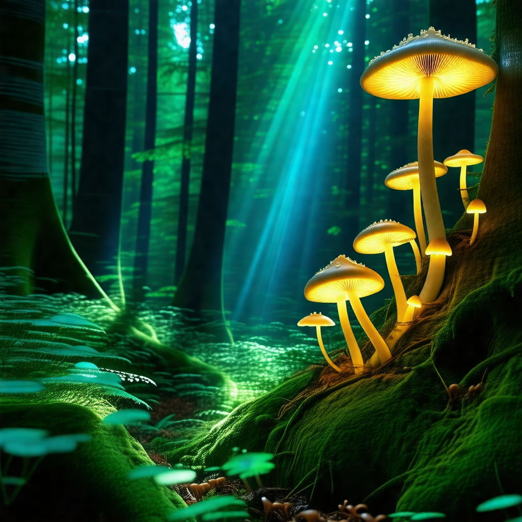 Forest with a group of mushrooms growing on a tree