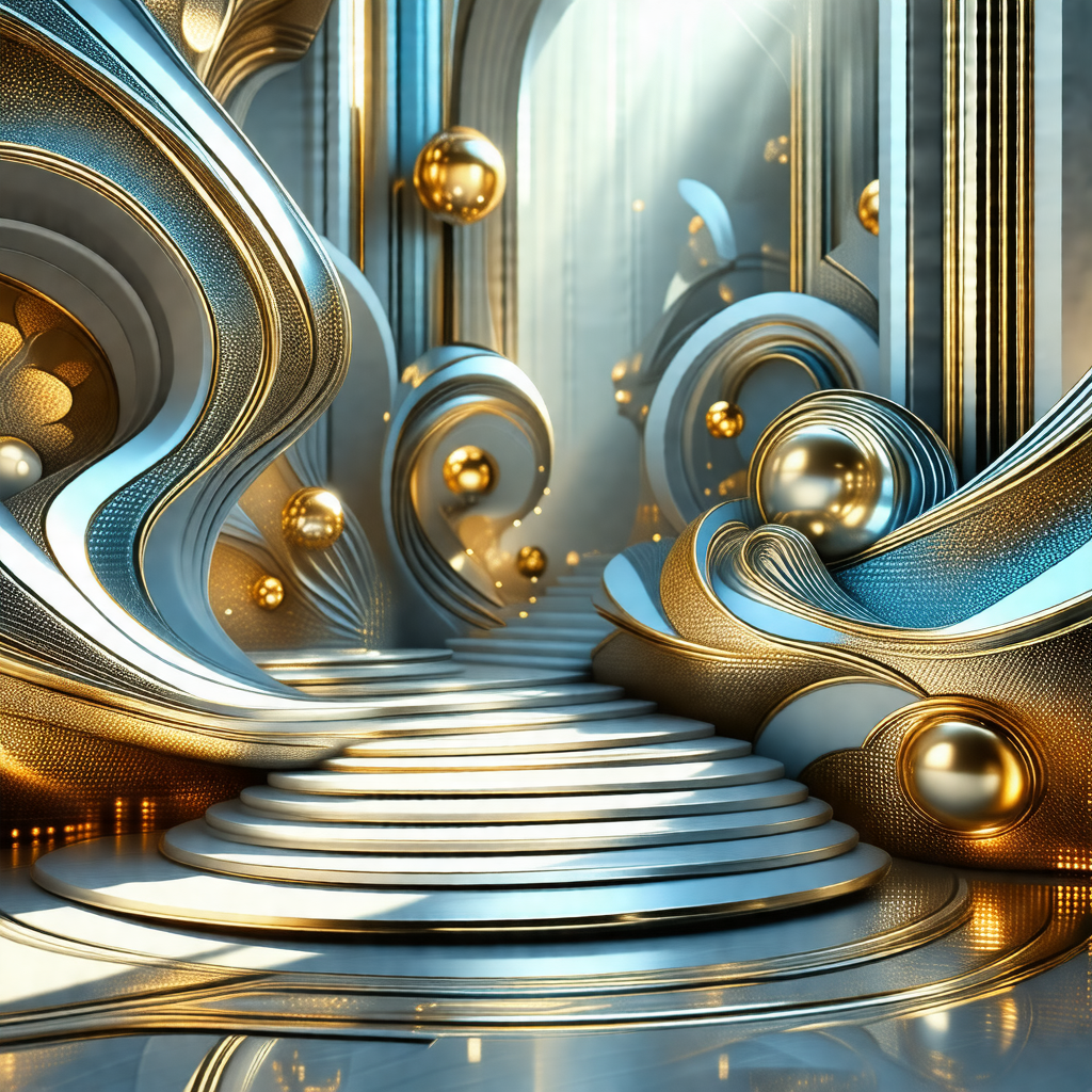 3d rendering of a staircase with a gold and silver color ...