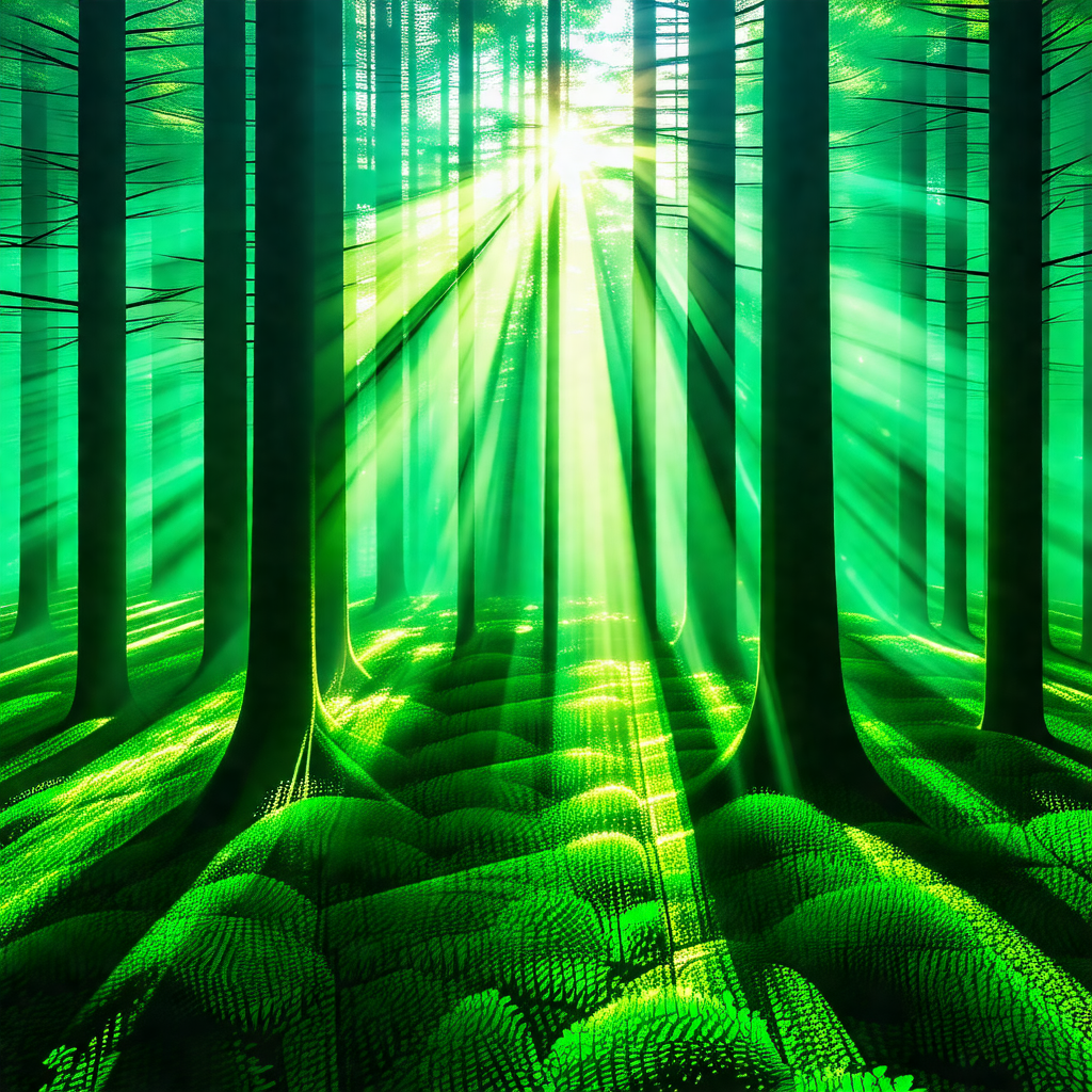Lush green forest with a bright sun shining through the t...