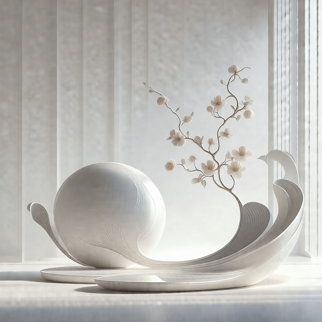 White vase with a branch design, placed on a table
