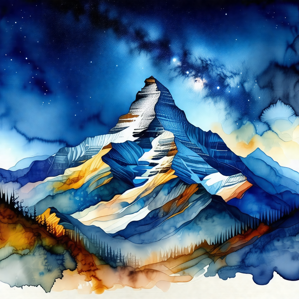 Watercolor painting of a mountain with a snowy peak