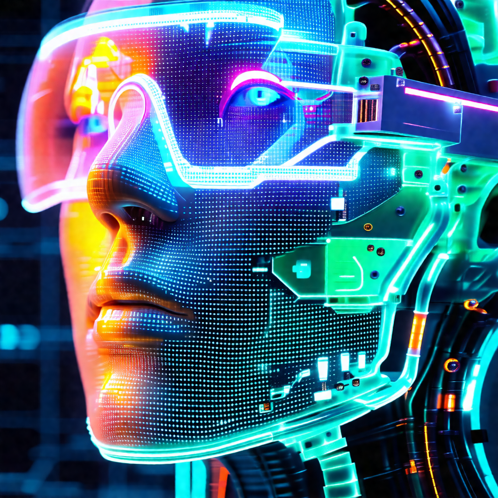 Futuristic robot with a glowing face, resembling a human