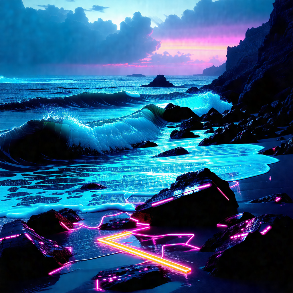 Painting of a beach scene at sunset