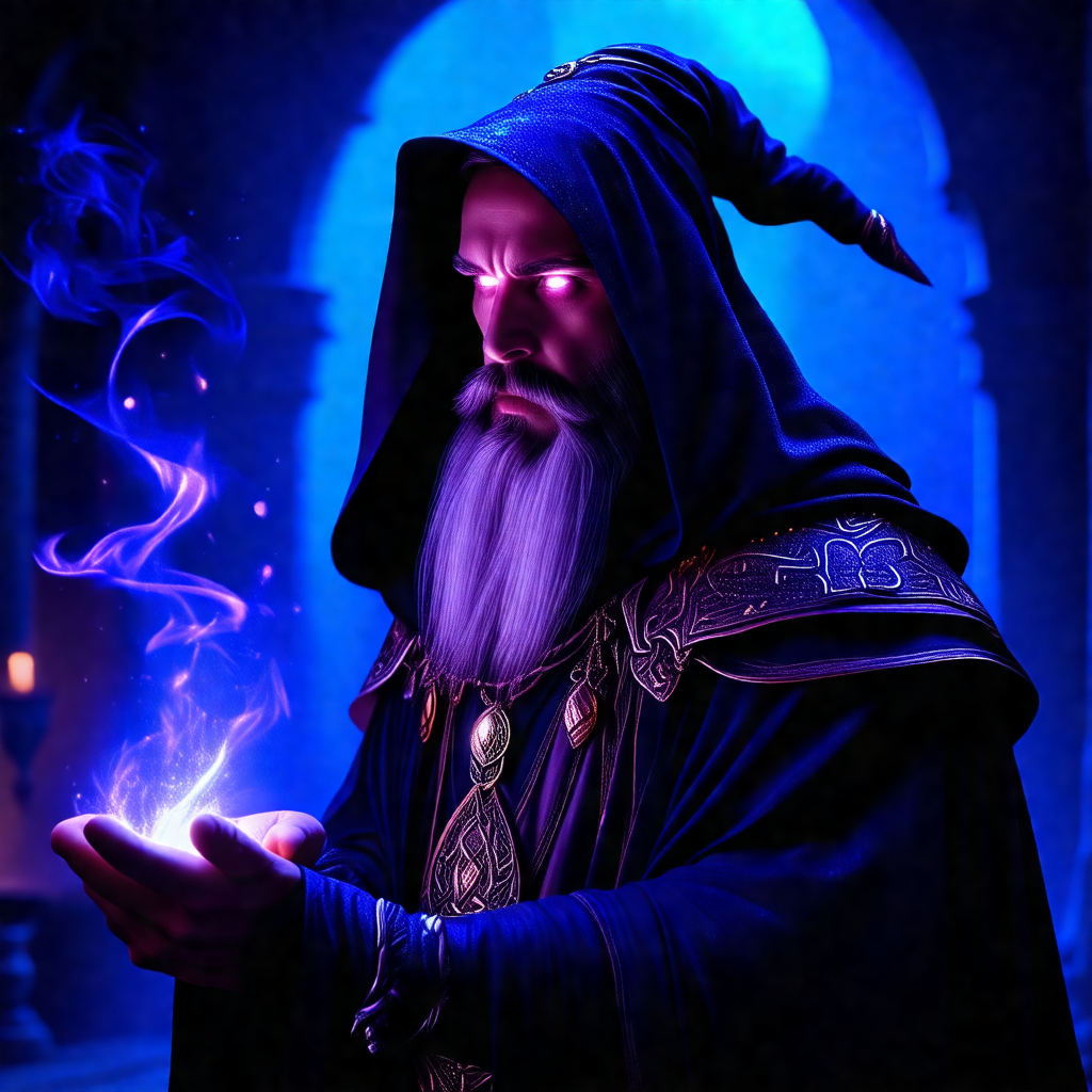 Man dressed in a wizard's outfit, standing in a dark room