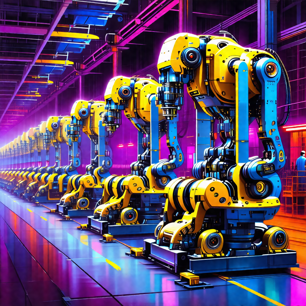 Factory with a long row of yellow robots lined up on a co...