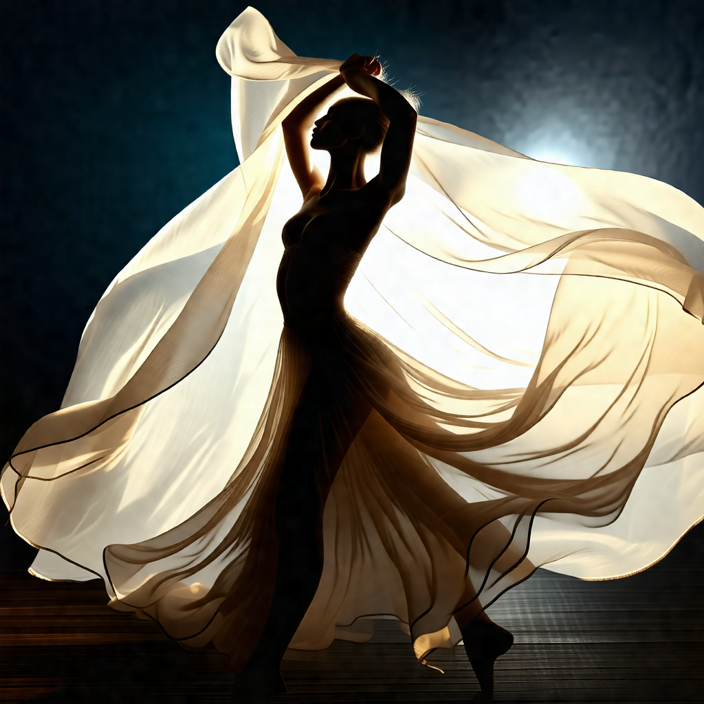 Woman in a flowing dress, dancing gracefully in a room