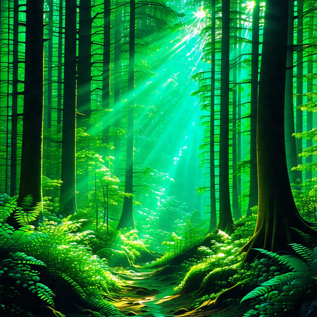 Lush green forest with a pathway leading through the trees