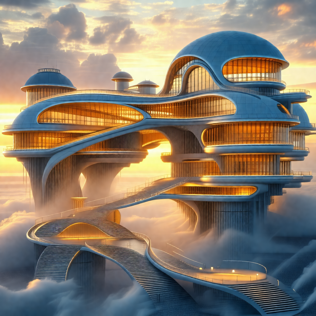 Futuristic building with a large, curved structure that r...