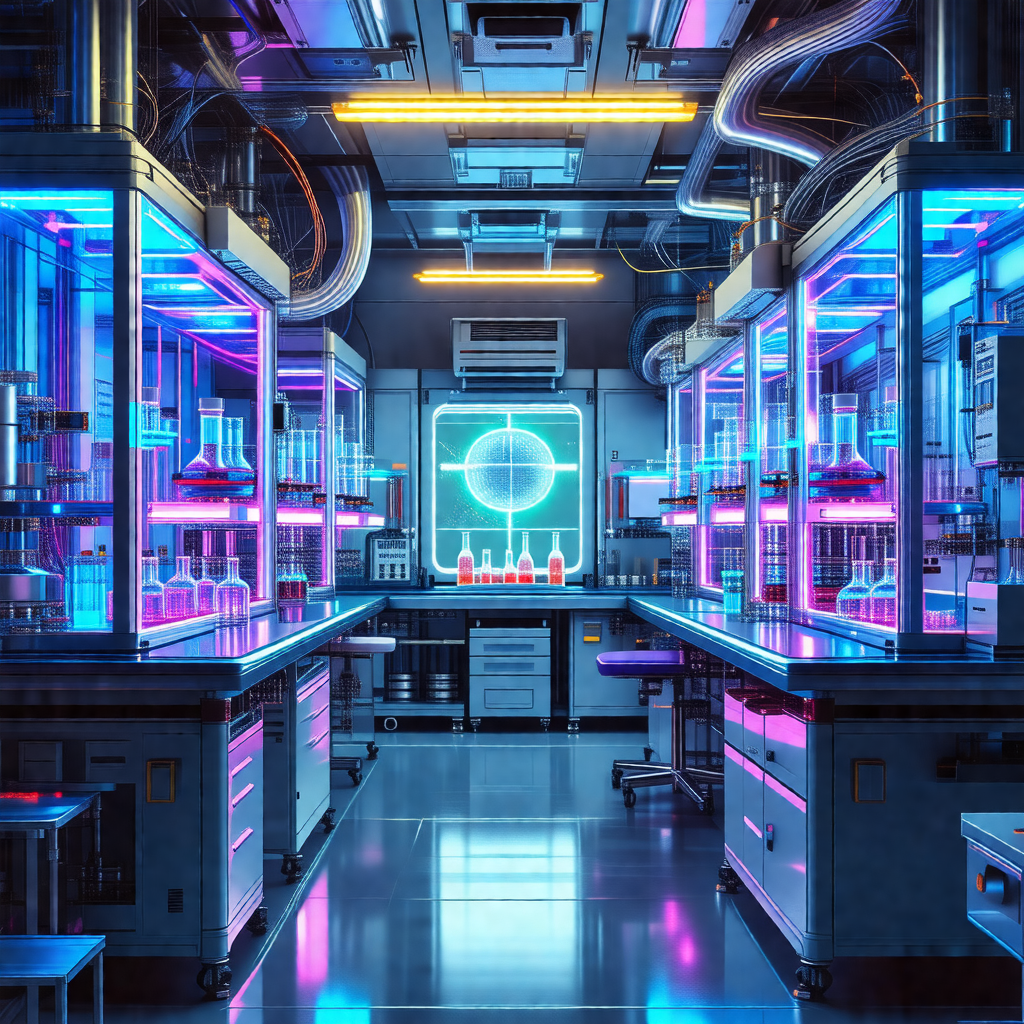 Futuristic laboratory with a blue and purple color scheme