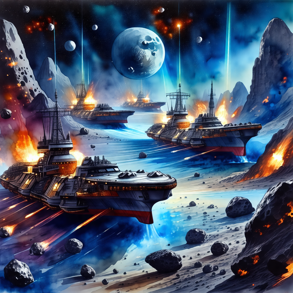Colorful and detailed painting of a fleet of spaceships t...